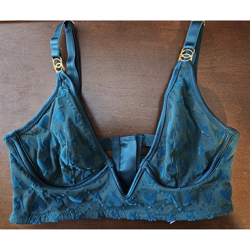 Victoria's Secret Flocked Mesh Longline Bra XS Teal Front‎ Zip Gold Hardware